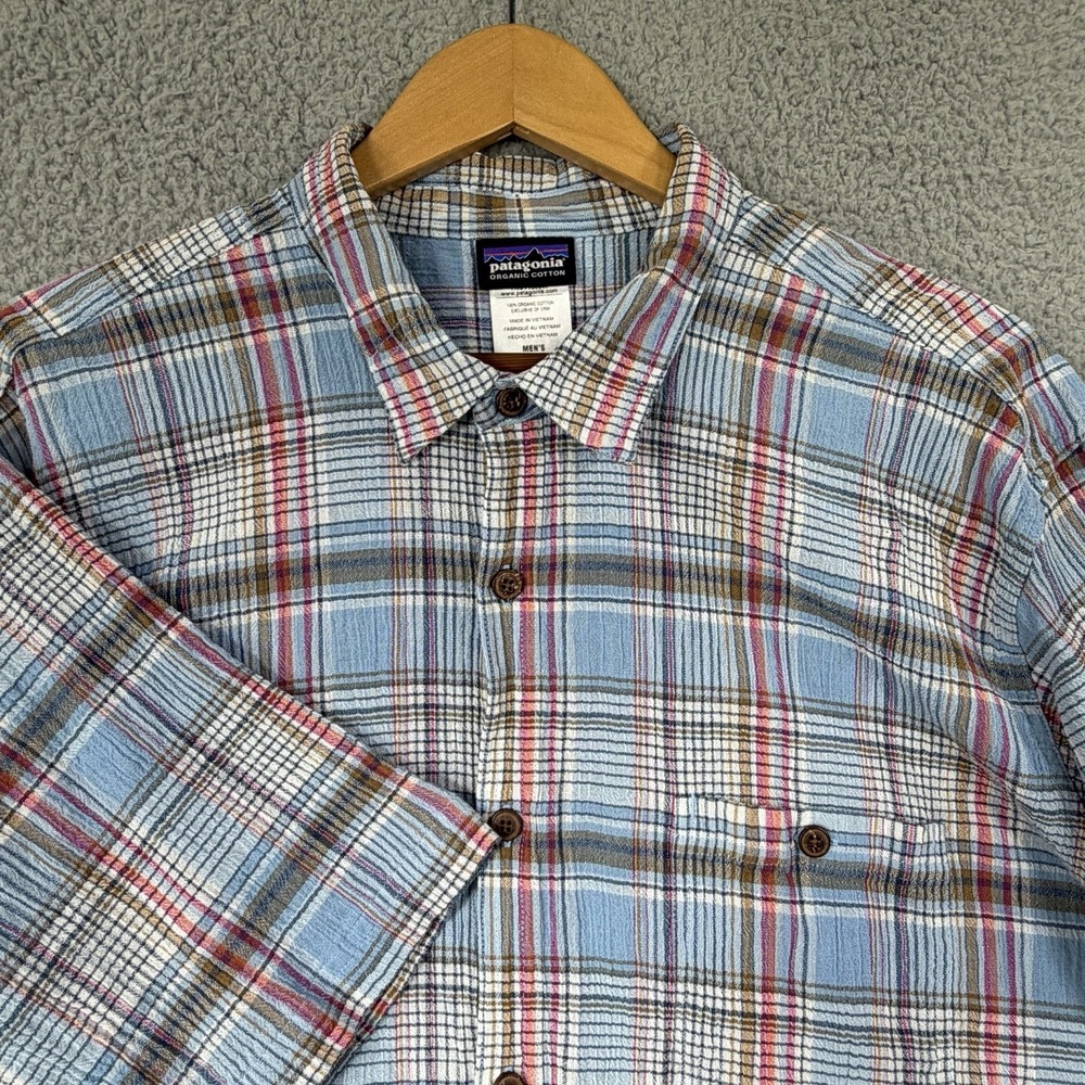 Patagonia Puckerware Shirt Blue Pink Plaid Seersucker SS XXL Fits Large